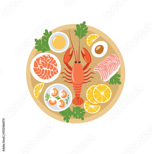 Delicious seafood platter with lobster clams shrimp and lemon