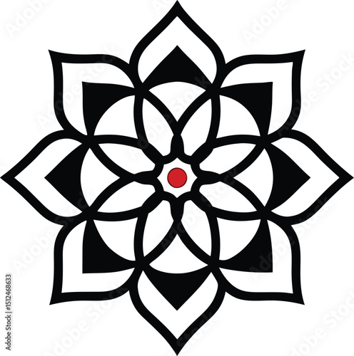 Geometric Black and White Mandala with Striking Red Center Accent