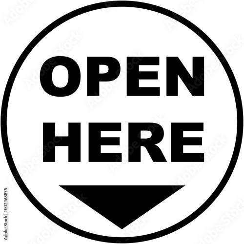 Open here sign, circular graphic indicating where to open, featuring bold text and a downward-pointing triangle symbol.