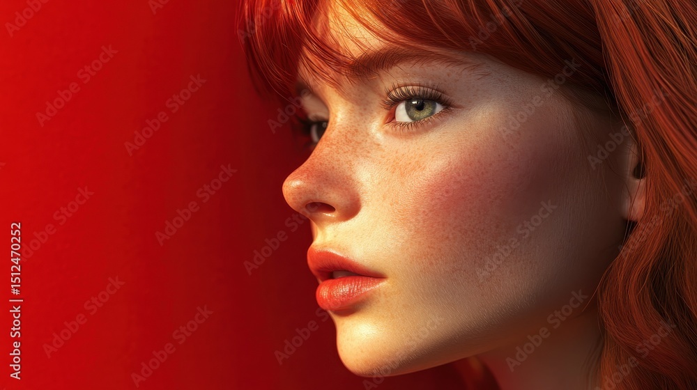 Fototapeta premium Red-haired woman next to a red wall. Generative AI