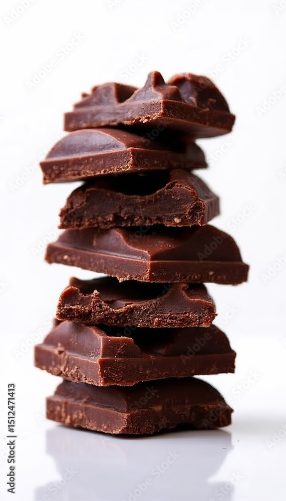 Delicious stack of dark chocolate pieces on a white background
Delicious stack of dark chocolate pieces on a white background