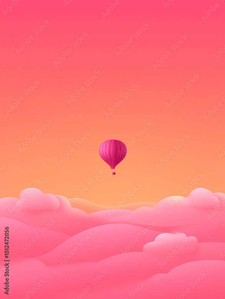 Obraz premium Vibrant whimsical hot air balloon floats gracefully above soft pink clouds, creating dreamy atmosphere. warm gradient sky enhances serene and uplifting feeling of scene