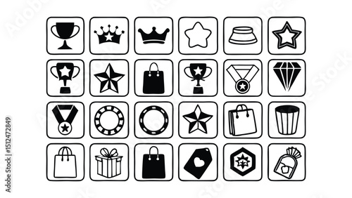 Iconic Symbols: A curated collection of stylish, monochrome icons showcasing a variety of design elements from trophy and star to shopping bag.