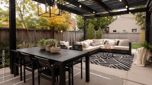 Modern Outdoor Patio Design Black Frame Pergola, Sectional Sofa, Dining Set, Outdoor Decor Outdoor Patio, Pergola Design