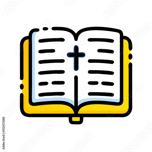 Open book with cross icon in minimalist style and bright colors  