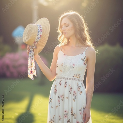 Woman in a summer dress holding a hat in a sunlit garden