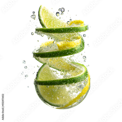 Refreshing Lime and Lemon Slices Spiraling in Sparkling Water against a Black Background