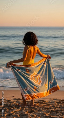Woman with a towel standing at the beach at sunset