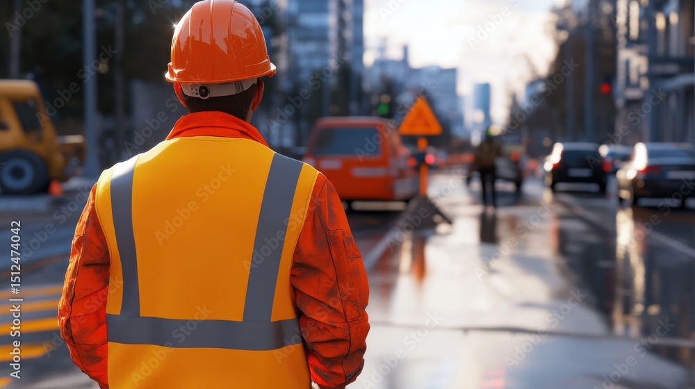 Traffic controller directing vehicles. Construction worker wearing an orange hard hat and high-visibility jacket on a street in an urban setting. Traffic controller directing vehicles. Construction worker wearing an orange hard hat and high-visibility jacket on a street in an urban setting.