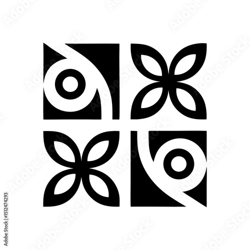 Black and white floral pattern with butterfly and decorative elements