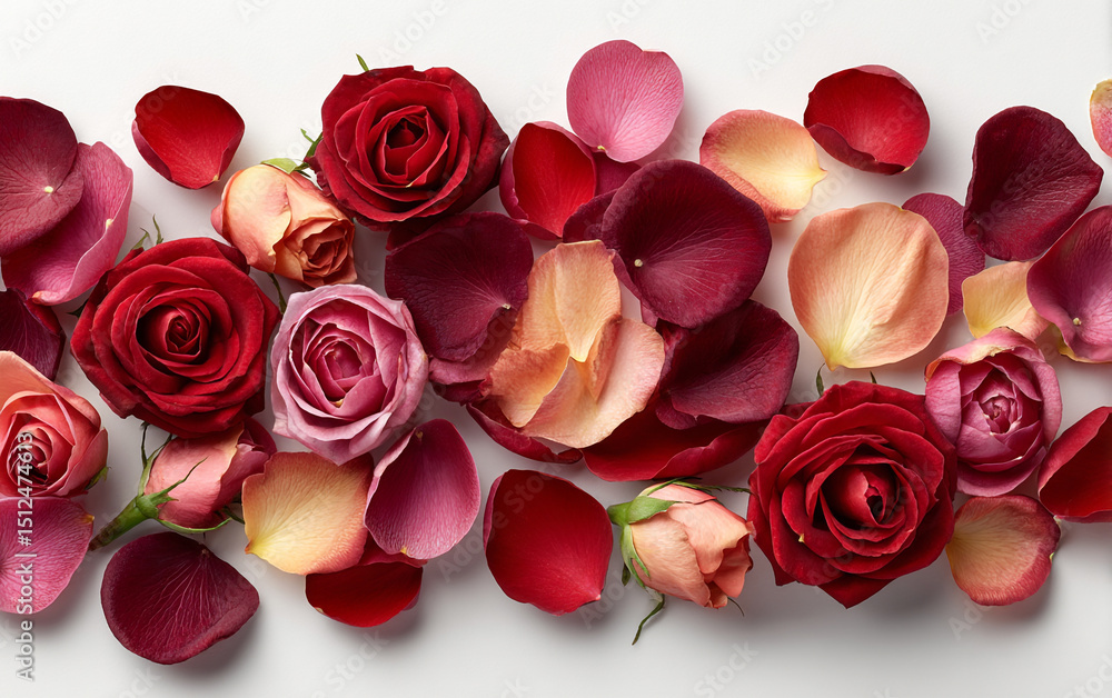 Top-down view of red and pink rose petals artistically scattered on a clean white surface. Elegant floral arrangement ideal for romantic, spa, wedding, and design themes.
Top-down view of red and pink rose petals artistically scattered on a clean white surface. Elegant floral arrangement ideal for romantic, spa, wedding, and design themes.