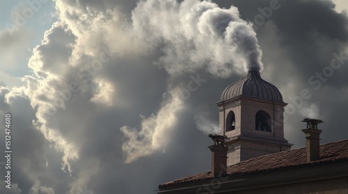 White smoke rises from the chapel chimney, indicating the successful election of a new pope during the papal conclave.