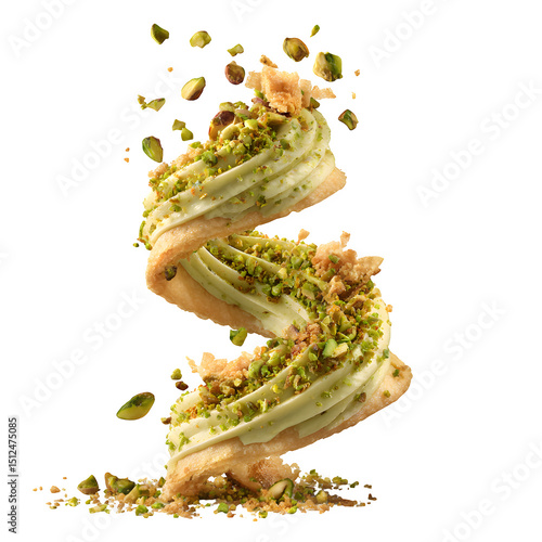 Delicious Pistachio Cream Pastry swirls in midair, showcasing exquisite texture and vibrant green color, perfect for food blogs and culinary websites.
