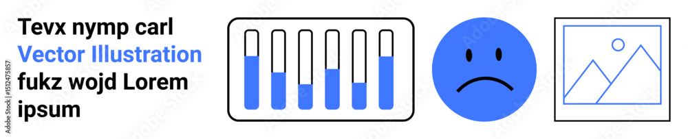 Fototapeta premium Bar graph with varied levels, sad blue face, and framed mountain landscape. Ideal for data analysis, emotion tracking, mood study, creativity, web design, and analytics in simple landing page