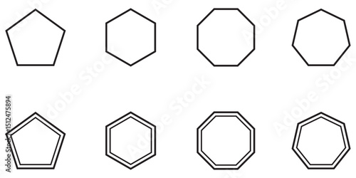 octagon shapes with outlines for logos or symbols. pentagon, hexagon, octagon icon. vector geometry pentagonal, hexagonal, octagonal polygon. five, six, eight sided polygon line. 
