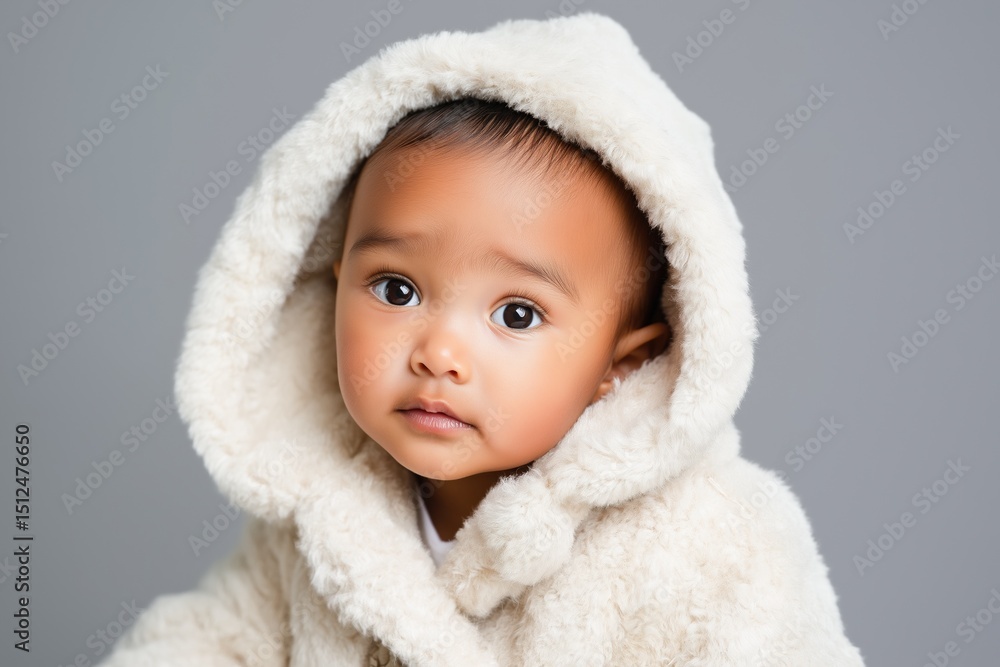 Adorable asian baby in cozy winter outfit with hooded fur coat Adorable asian baby in cozy winter outfit with hooded fur coat