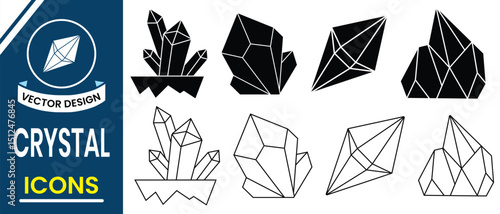 Crystals icon vector or gemstones silhouette collection, gem set.  Jewelry stone or diamond, crystal symbol vector icon. Outline icon of crystal, diamond vector illustration.