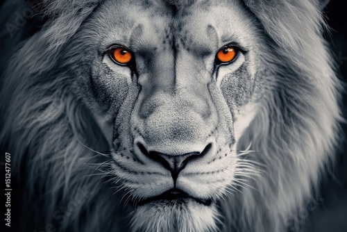 Majestic lion with striking orange eyes stares intensely at the viewer in a dramatic abstract style, Lion With Orange Eyes Abstract