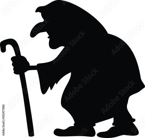 Silhouette of an Old Witch with a Cane – Halloween Character Vector Illustration for Spooky Decorations, Scary Themes, Folklore Concepts, and Horror-Themed Graphic Projects