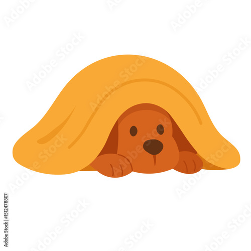 Cartoon dog hiding under yellow blanket. Flat vector illustration of cozy and shy pet character.