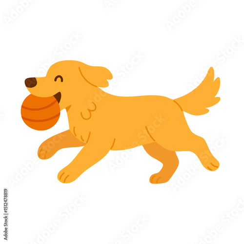 Cheerful cartoon dog running with ball in mouth. Flat vector illustration of active playful puppy.