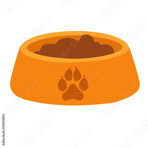 Orange cartoon pet bowl filled with food. Flat vector illustration with paw icon and bold color.