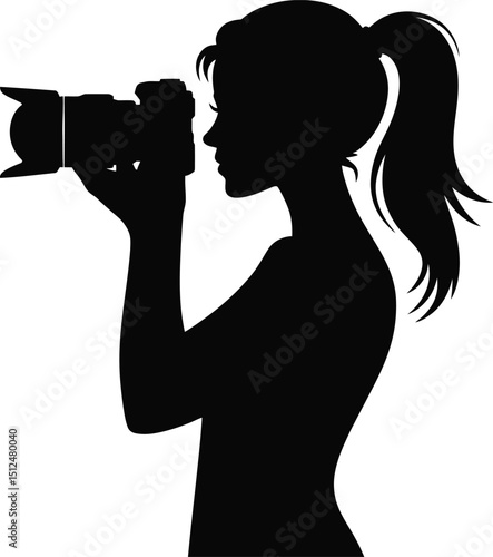 Silhouette Woman Photographer Taking Pictures with Camera on Transparent BG