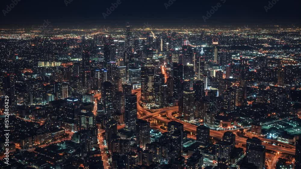 Cityscape glows with lights at night. Cityscape glows with lights at night.