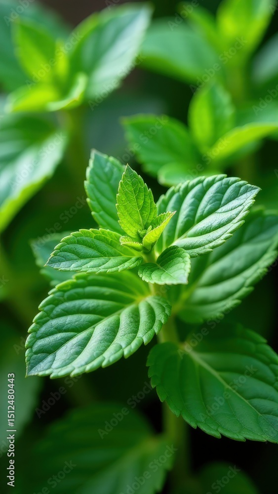 Fresh vibrant mint leaves in garden setting with dew drops. Fresh vibrant mint leaves in garden setting with dew drops.
