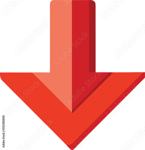 red 3d go down arrow icon, simple turn bottom direction interface element, app ui ux web button logo vector isolated on white background