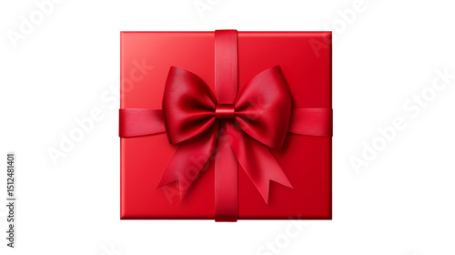 A red gift box with a red ribbon bow centered  in a top down view isolated on transparent background