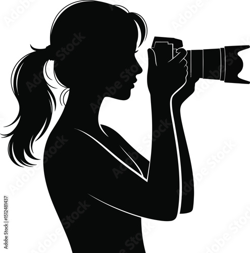 Woman Photographer Silhouette Shooting with Camera on Transparent Background Vector
