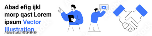 People presenting media and holding devices, handshake icon for partnership. Ideal for teamwork, collaboration, business, negotiation, presentation, agreement, simple landing page