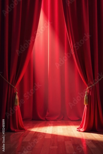 Crimson curtains rise, revealing bright stage, production, design, illustration