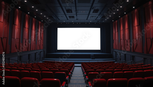 Mockup template with cinema hall with red seats and transparent screen in dark interior. 