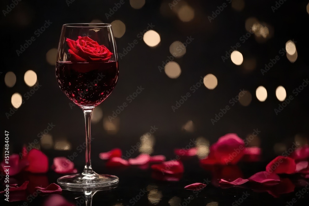 Elegant glass of red wine with a rose floating inside against a dark background, creating a romantic atmosphere perfect for a celebration or intimate dinner Elegant glass of red wine with a rose floating inside against a dark background, creating a romantic atmosphere perfect for a celebration or intimate dinner