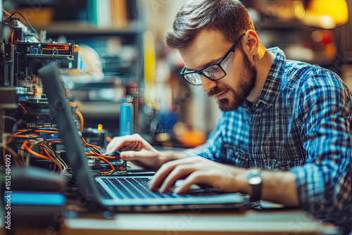 Technician wearing safety glasses working on a laptop analyzing circuit board connections.