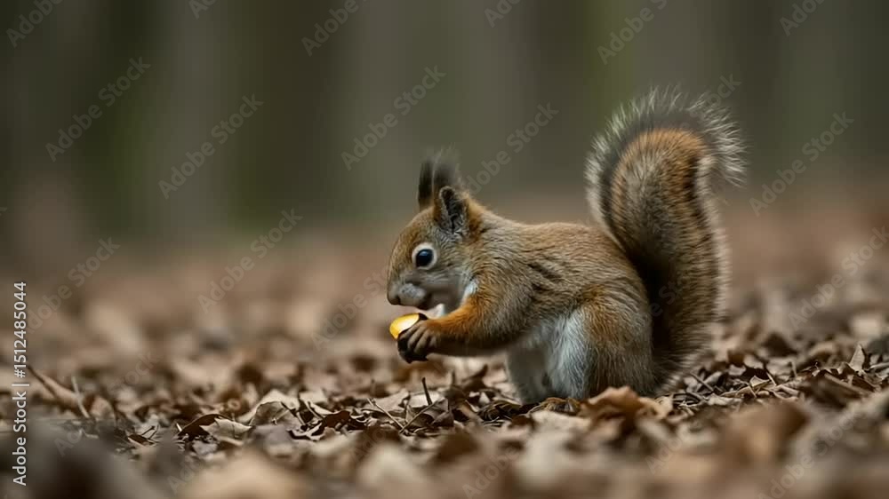 Squirrel foraging for food amidst autumn leaves in a tranquil forest setting Squirrel foraging for food amidst autumn leaves in a tranquil forest setting