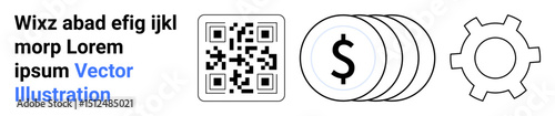 QR code next to dollar coins and gear outline representing financial technology, digital transactions, system integration. Ideal for fintech, payments, automation, business, tech settings, app