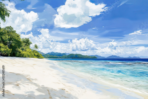 Beautiful beach scene with white sand turquoise ocean blue sky and lush greenery