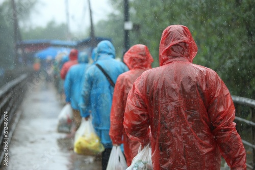 volunteers wearing raincoats taking donations to families affected by floods