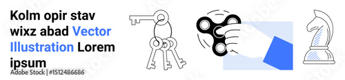 Hand holding spinner evokes focus, keys symbolize solutions, and chess knight suggests strategy and planning. Ideal for creativity, focus, strategy, solutions, innovation, decision-making simple
