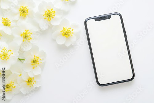 Smartphone with blank screen surrounded by beautiful white flowers on a bright surface