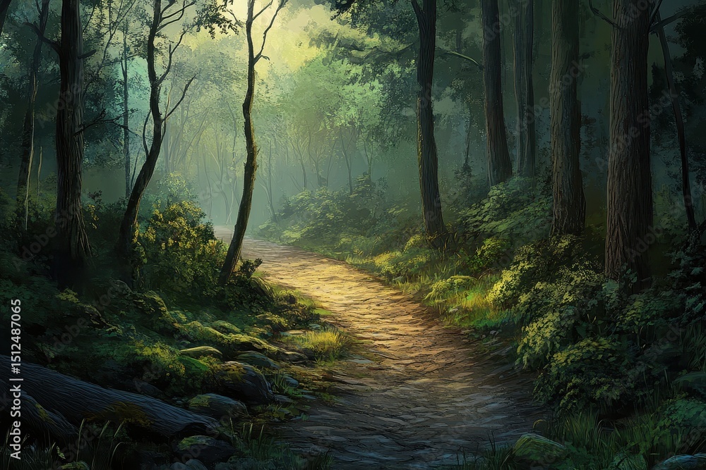 Fototapeta premium Exploring ancient forest pathways surrounded by towering trees and lush greenery, roads in the forest in ancient times