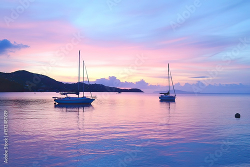 Serene sunset over the sea with sailboats and island silhouettes in peaceful tranquility