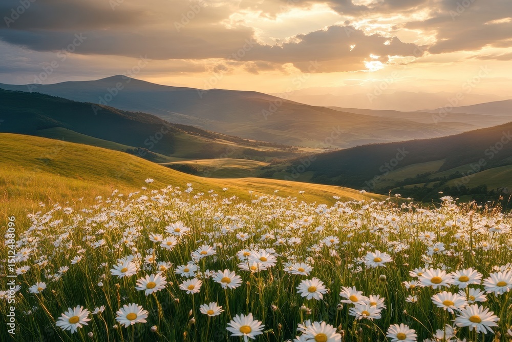 Fototapeta premium Rolling hills covered with wild daisies dancing in the evening breeze under a golden sunset sky surrounded by distant mountains and lush greenery