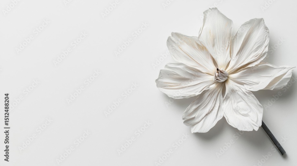 Fototapeta premium Close-up of a single white flower on a white background. the flower is in the center of the image, with its petals spread out in a fan-like shape.