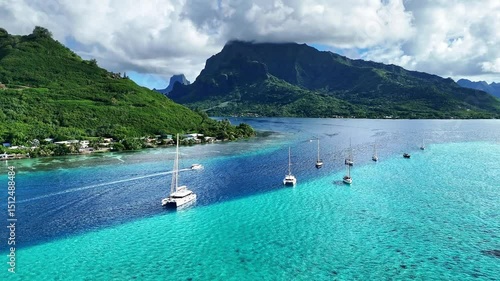 Drone Tahiti. Aerial Moorea island, French Polynesia. Crystal clear water blue lagoon. Exotic travel vacation getaway, romantic honeymoon destination. Famous tourism destination. 