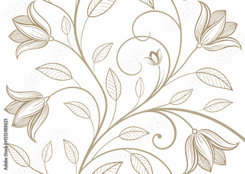 Jungle botanical background in Art Deco vector style. Hand drawn floral ornament in baroque vintage pattern. Elegant wavy wallpaper for upscale illustration and interior design.

