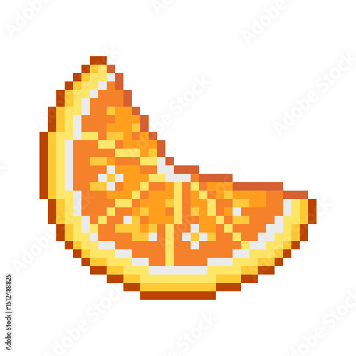 pixel art orange slice. The orange slice is cut in half and has a few small dots on it. design for all business